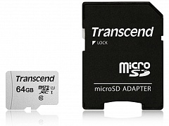Карта памяти SD-micro 64Gb Transcend SDXC Class 10 UHS-1 (TS64GUSD300S-A) +adapter